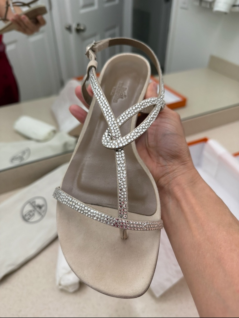 Hermes Crystal-Embellished Beige T-Strap Sandal